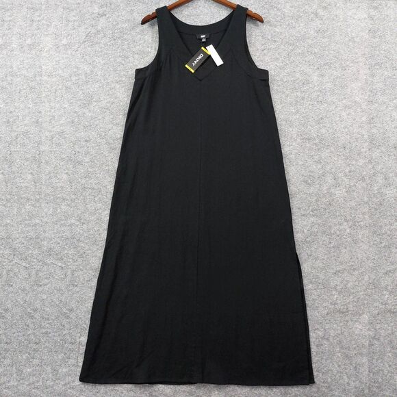 DKNY Dress Womens Medium Black Linen Blend Maxi Tank Sleeveless Side Slit Chic - Picture 1 of 13